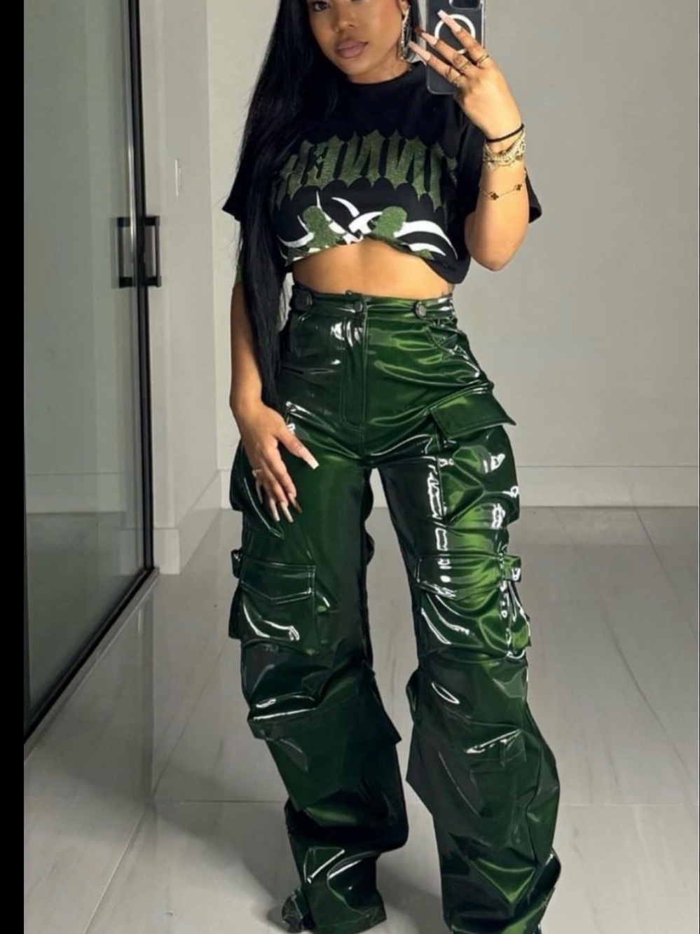 Glossy Dark Green Wide-Leg Cargo Pants for Women